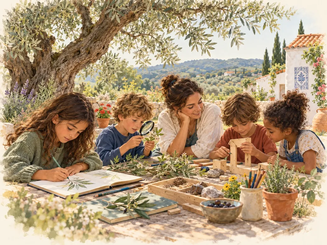Illustration of children learning outdoors under an olive tree with a teacher, in the Portuguese countryside